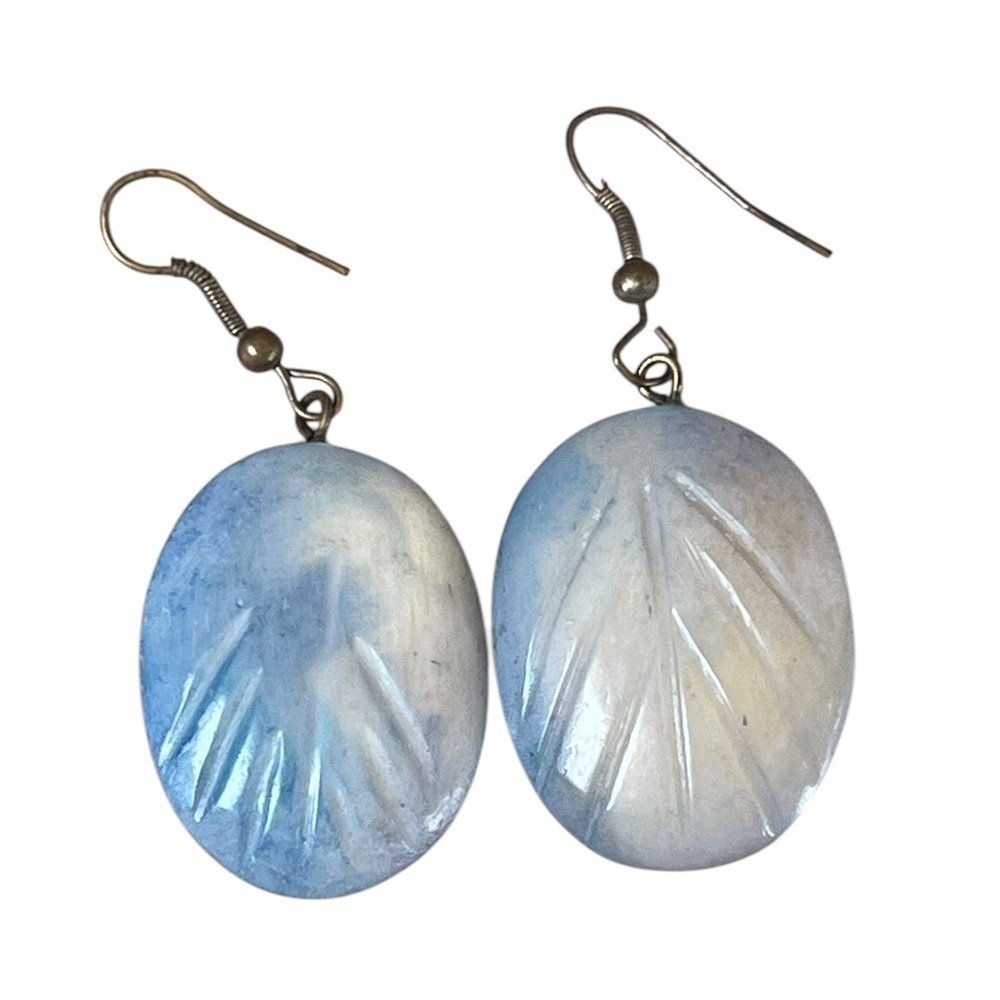 Vintage Carved Blue Soapstone Pierced Dangle Earrings Natural Minimalist